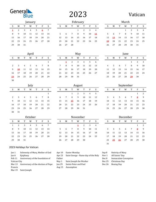 Vatican Holidays Calendar for 2023