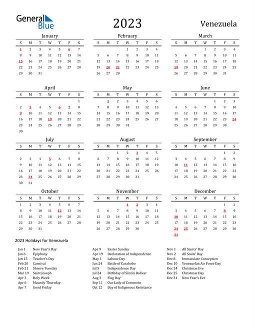 Venezuela Holidays Calendar for 2023