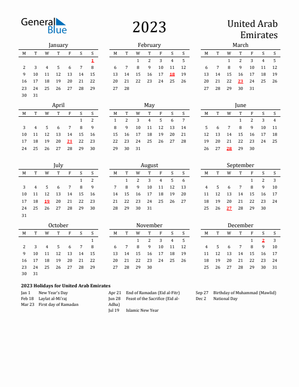 United Arab Emirates Holidays Calendar for 2023