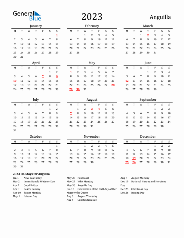 Anguilla Holidays Calendar for 2023