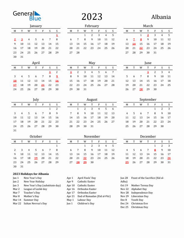 Albania Holidays Calendar for 2023