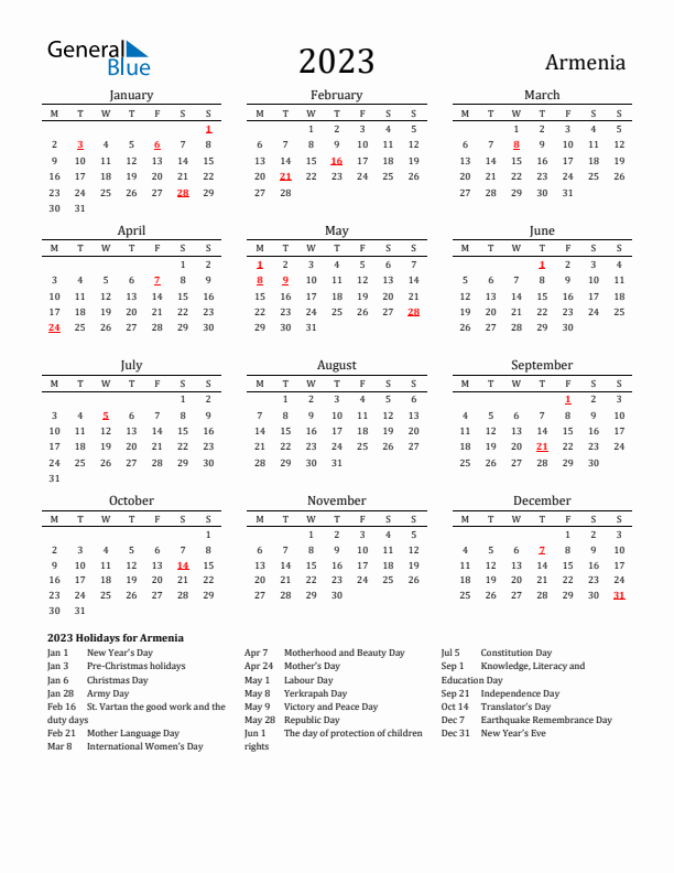Armenia Holidays Calendar for 2023