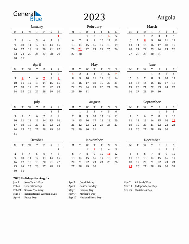 2023 Angola Calendar with Holidays