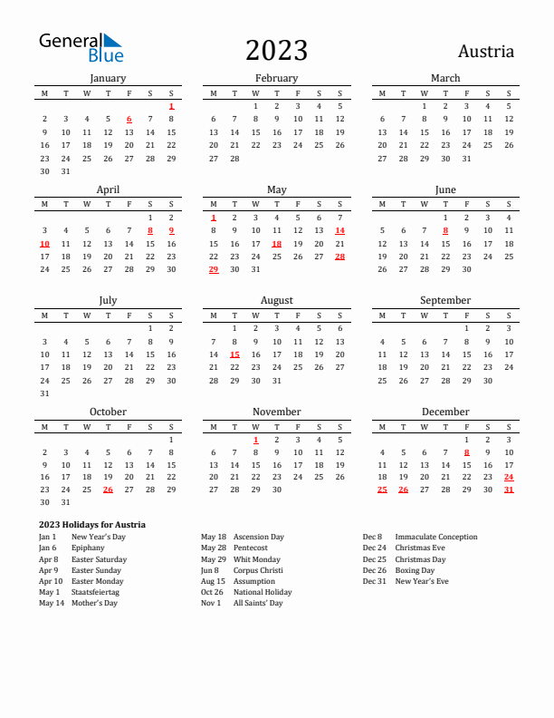 Austria Holidays Calendar for 2023