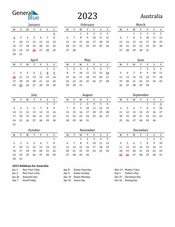 Australia Holidays Calendar for 2023