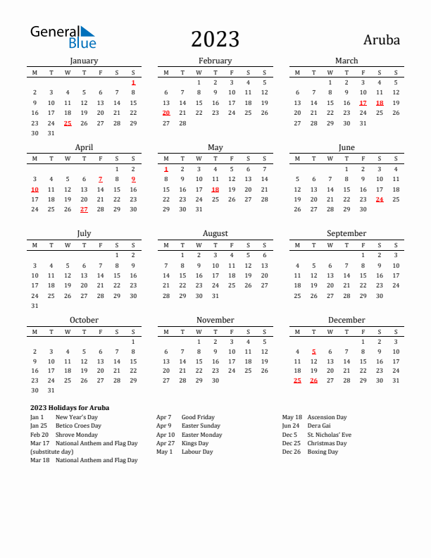 Aruba Holidays Calendar for 2023