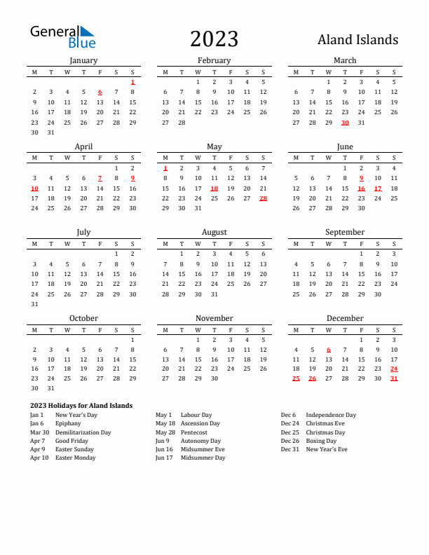 Aland Islands Holidays Calendar for 2023