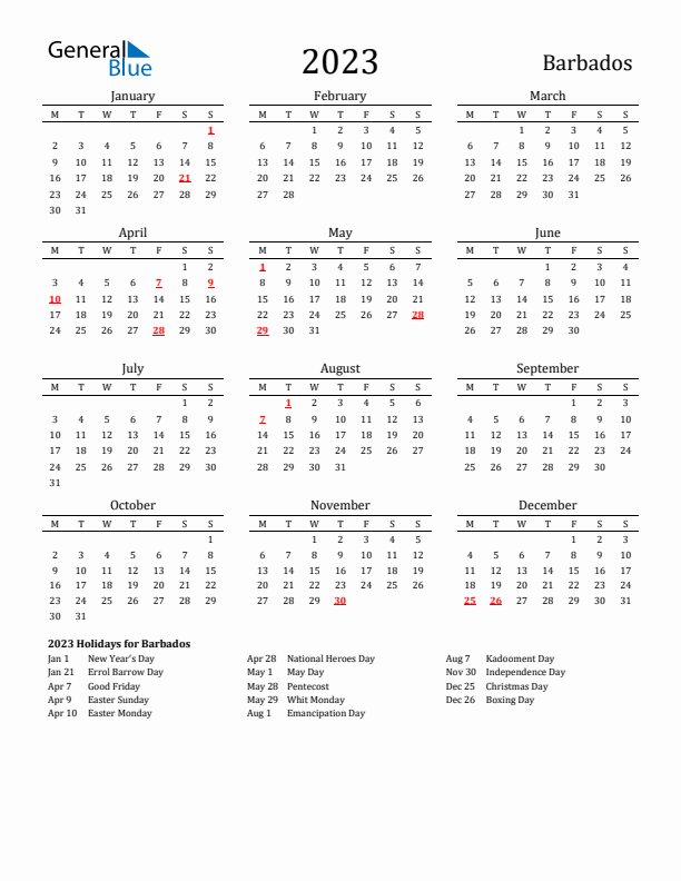 Barbados Holidays Calendar for 2023