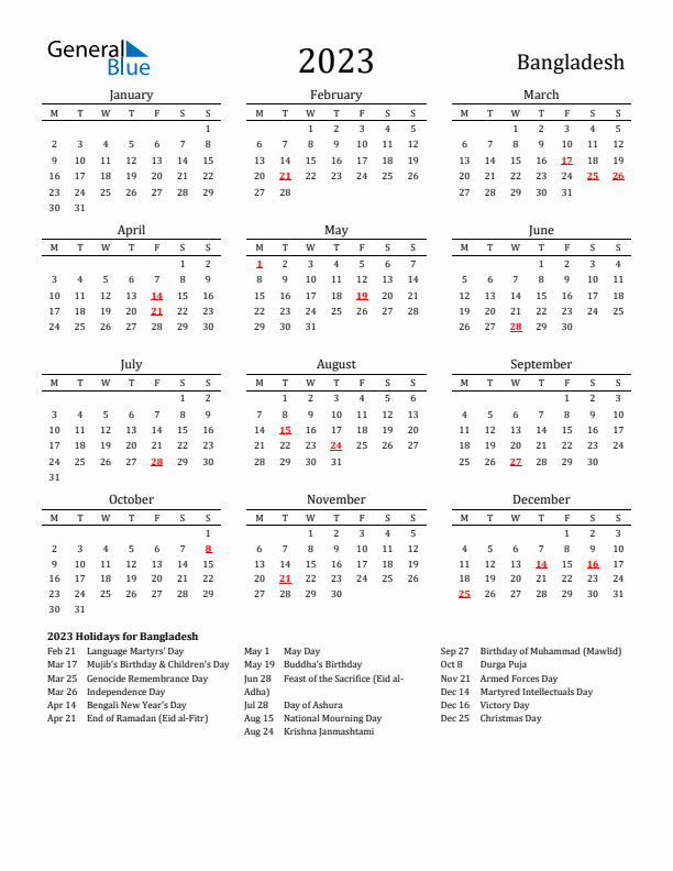 Bangladesh Holidays Calendar for 2023