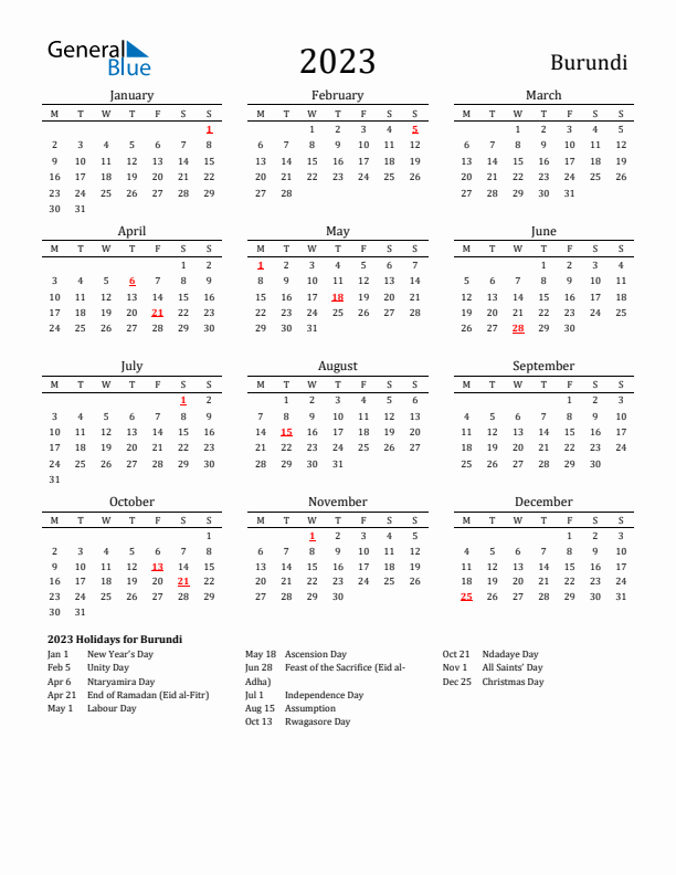 Burundi Holidays Calendar for 2023
