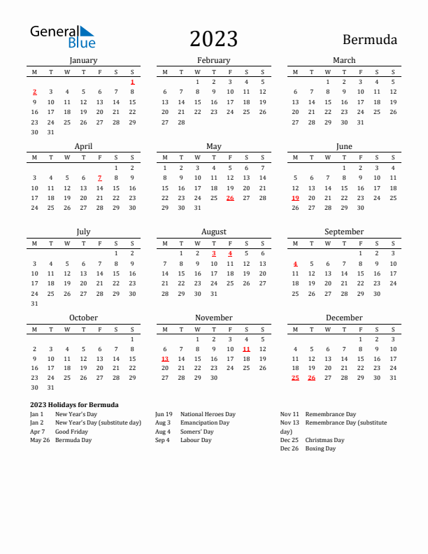 Bermuda Holidays Calendar for 2023