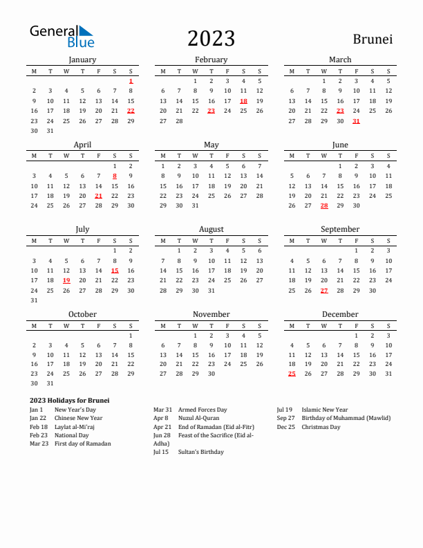 Brunei Holidays Calendar for 2023