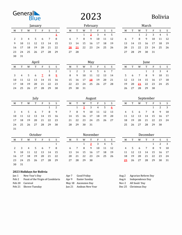 Bolivia Holidays Calendar for 2023