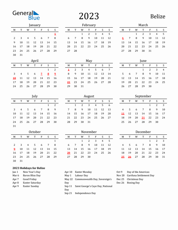 Belize Holidays Calendar for 2023