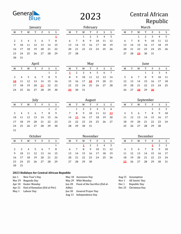 Central African Republic Holidays Calendar for 2023