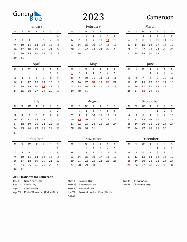 Cameroon Holidays Calendar for 2023