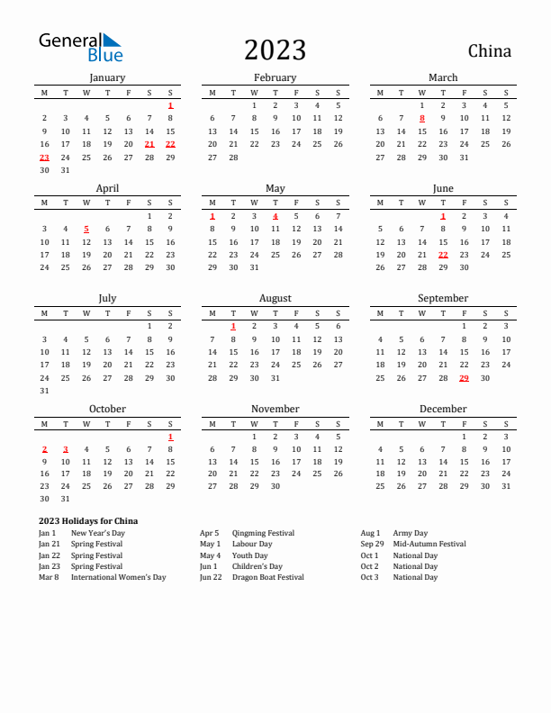 China Holidays Calendar for 2023