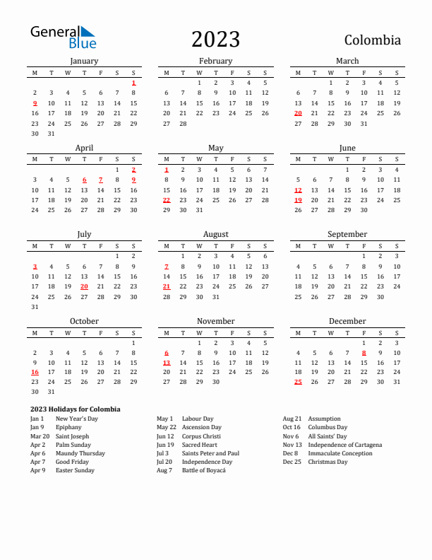 Colombia Holidays Calendar for 2023
