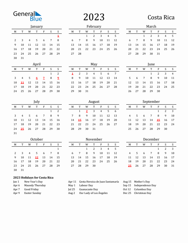 Costa Rica Holidays Calendar for 2023
