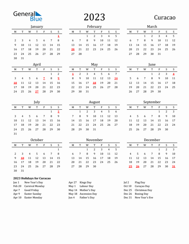 Curacao Holidays Calendar for 2023