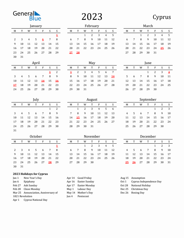 Cyprus Holidays Calendar for 2023