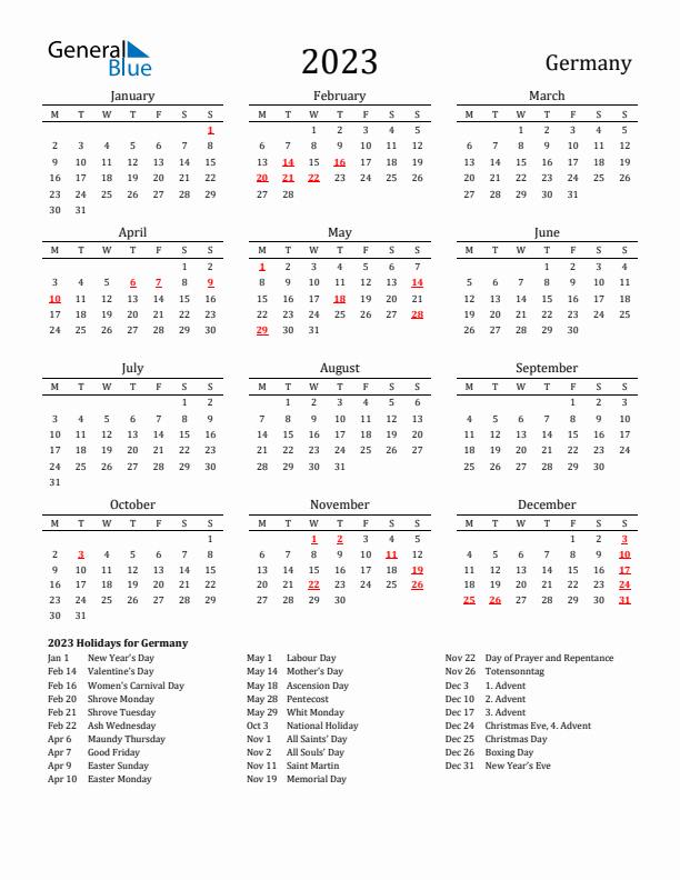 Germany Holidays Calendar for 2023