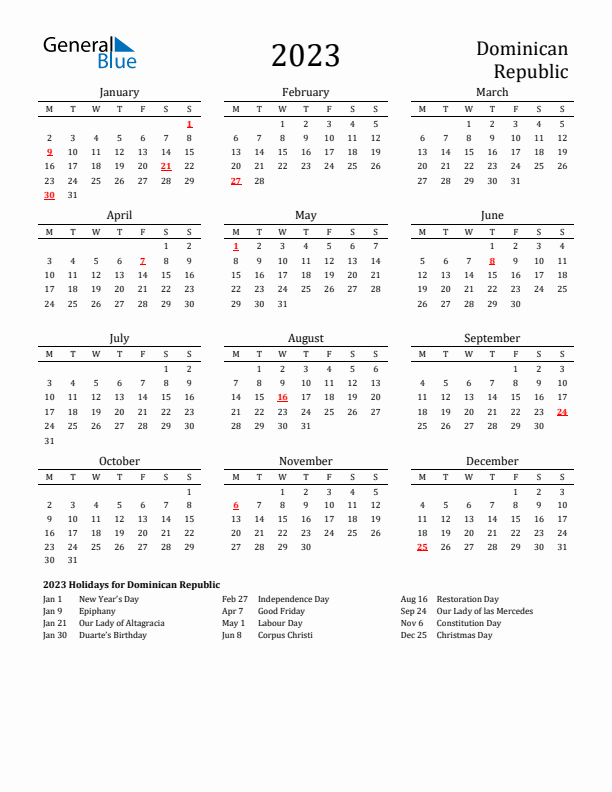 Dominican Republic Holidays Calendar for 2023