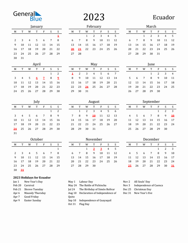 Ecuador Holidays Calendar for 2023