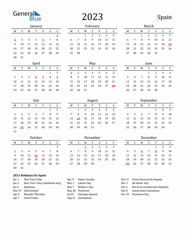 Spain Holidays Calendar for 2023