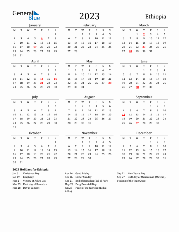 Ethiopia Holidays Calendar for 2023