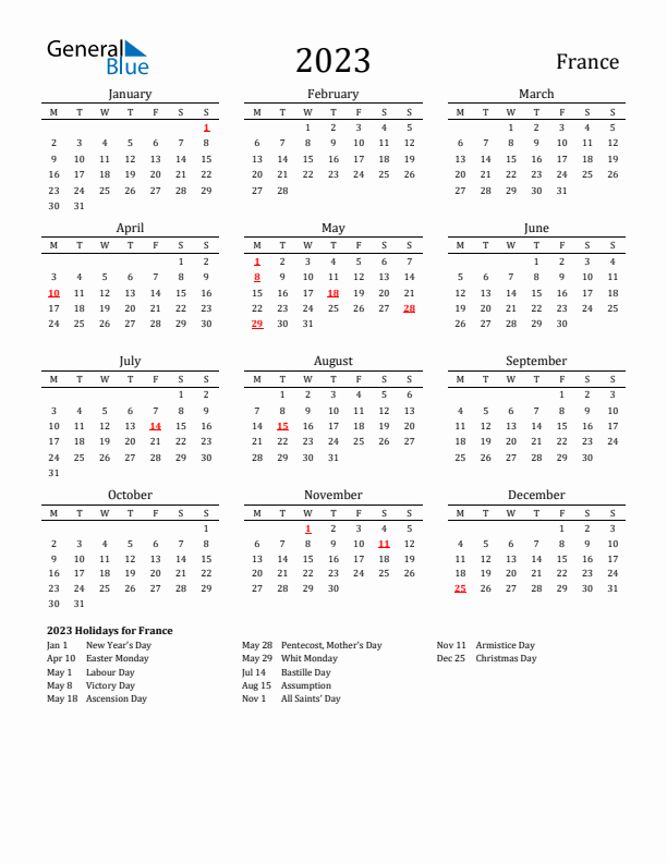 France Holidays Calendar for 2023