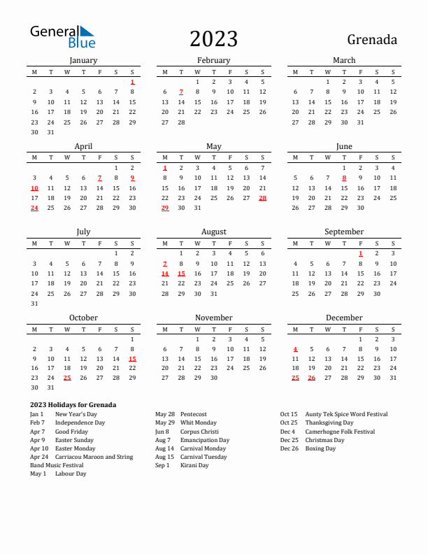Grenada Holidays Calendar for 2023