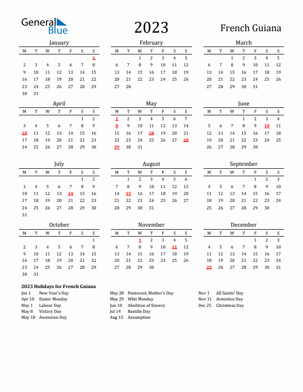 French Guiana Holidays Calendar for 2023