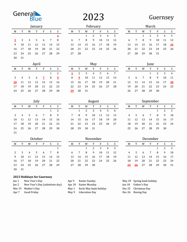 Guernsey Holidays Calendar for 2023