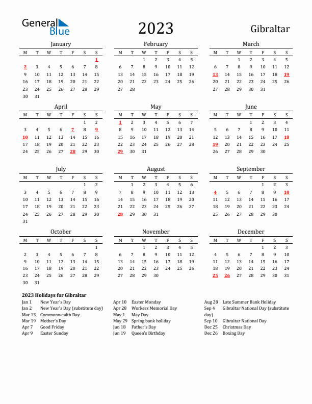 Gibraltar Holidays Calendar for 2023