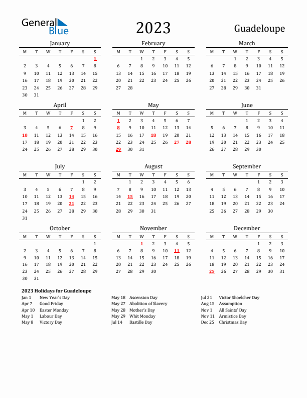 Guadeloupe Holidays Calendar for 2023