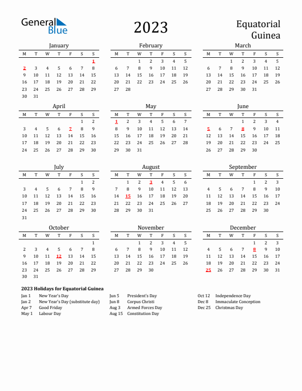 Equatorial Guinea Holidays Calendar for 2023