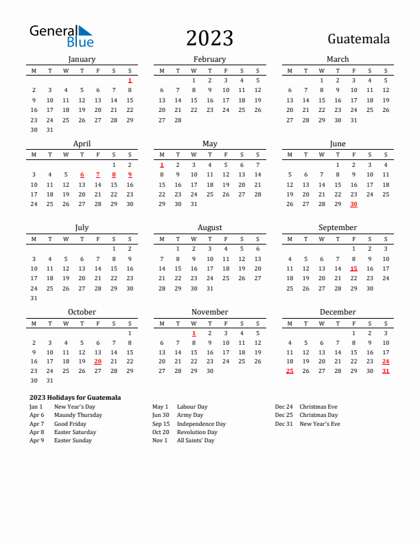 Guatemala Holidays Calendar for 2023