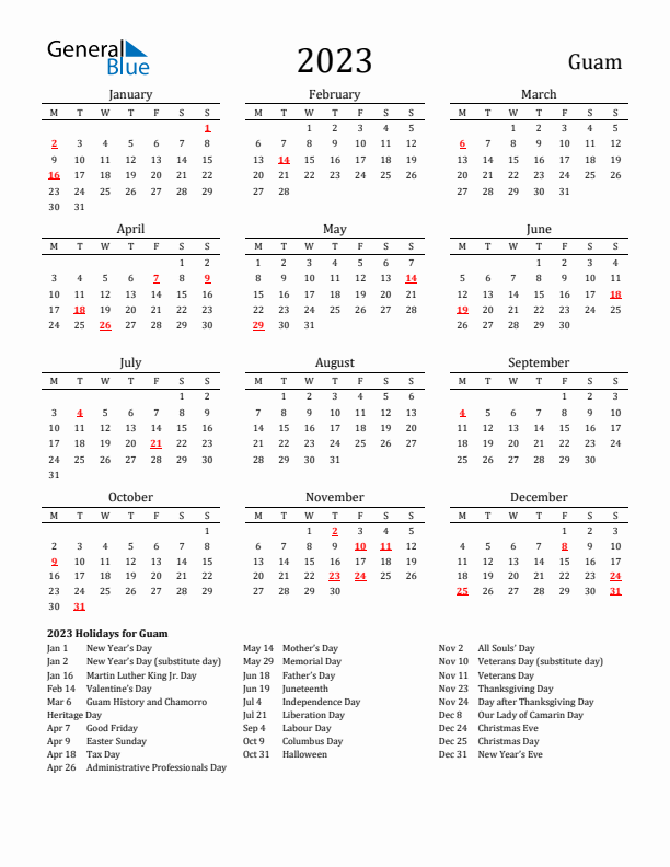 Guam Holidays Calendar for 2023