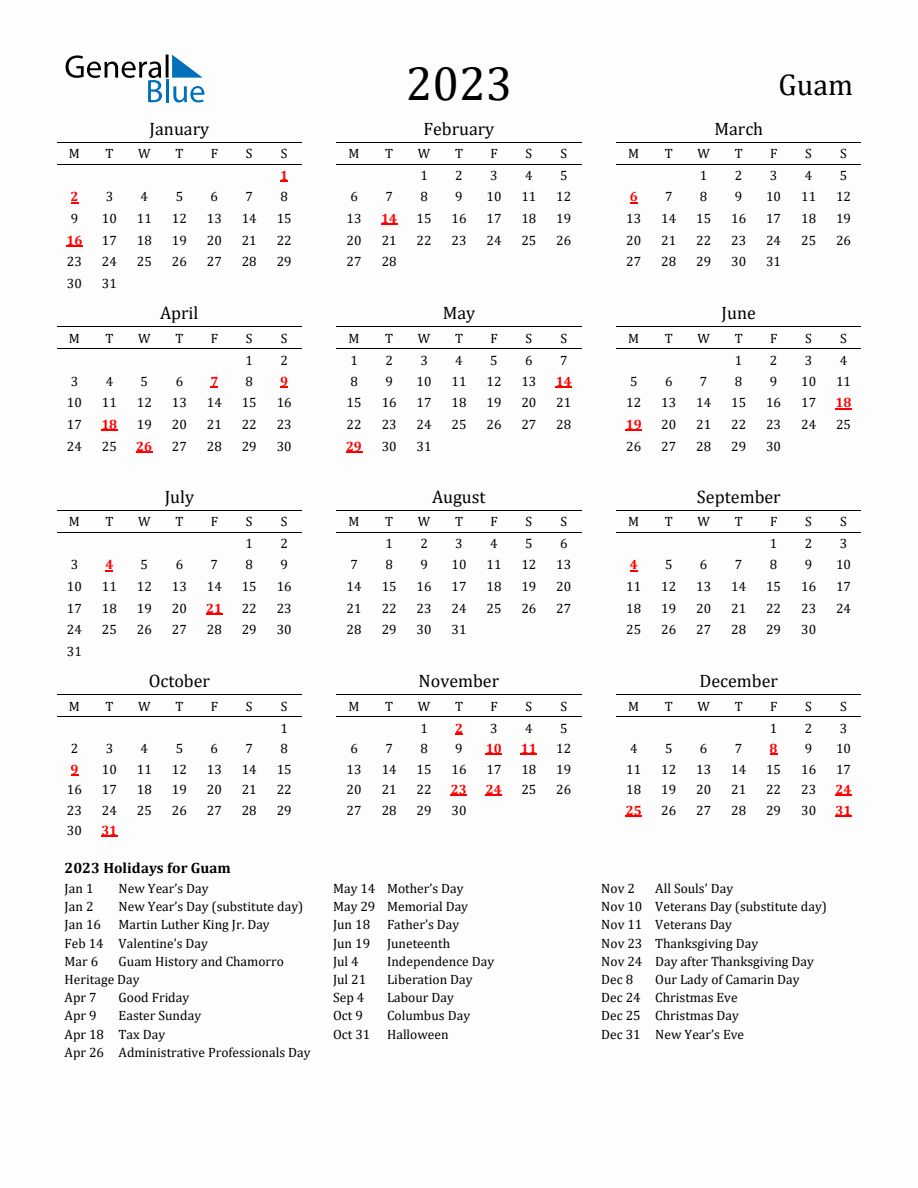 Free Guam Holidays Calendar for Year 2023