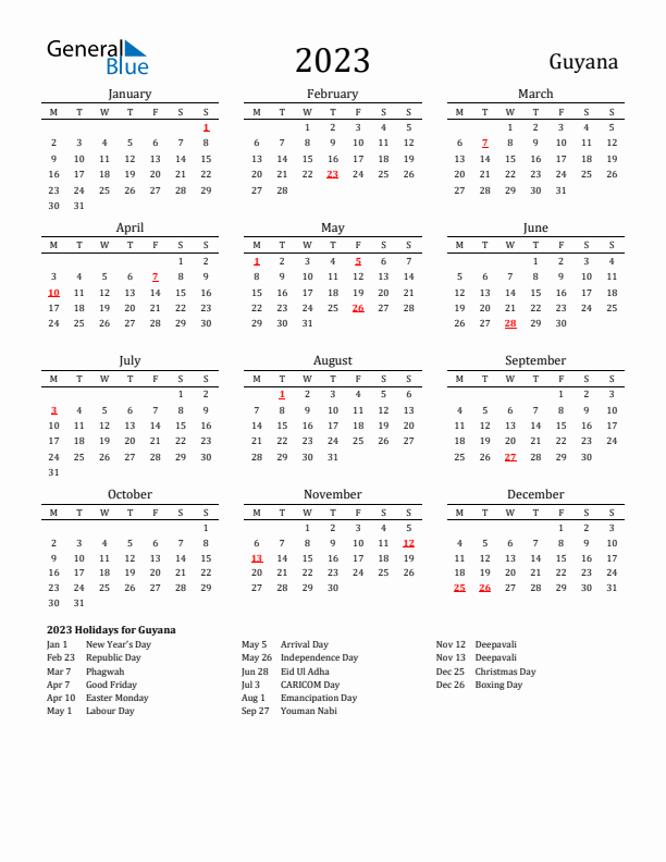 Guyana Holidays Calendar for 2023