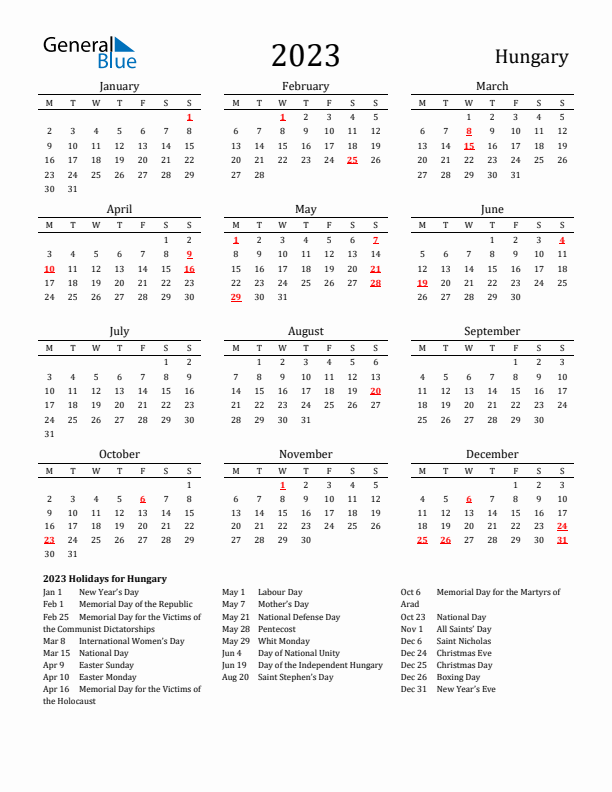 Hungary Holidays Calendar for 2023
