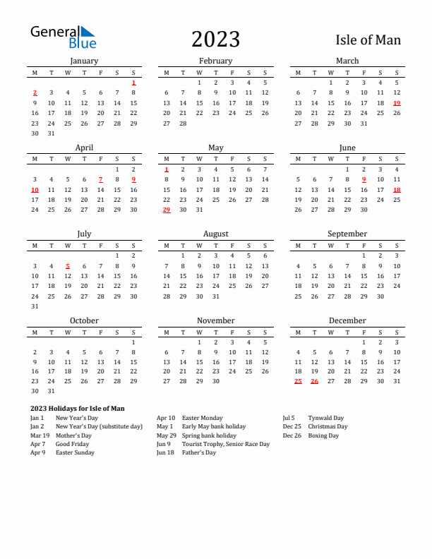 Isle of Man Holidays Calendar for 2023