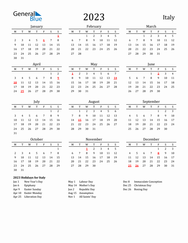Italy Holidays Calendar for 2023