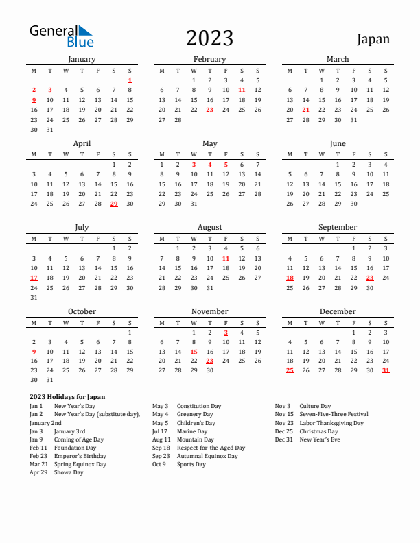 Japan Holidays Calendar for 2023