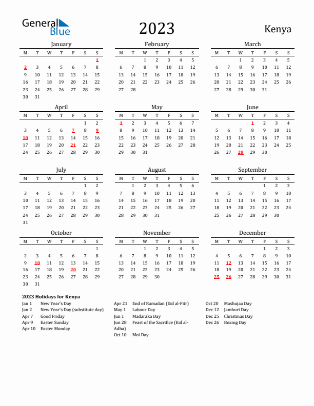 Kenya Holidays Calendar for 2023