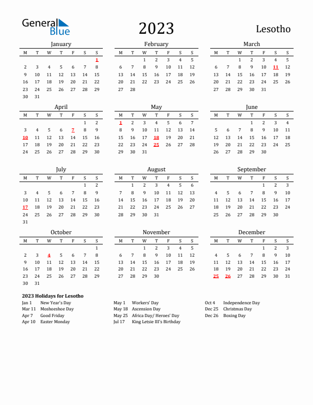 Lesotho Holidays Calendar for 2023