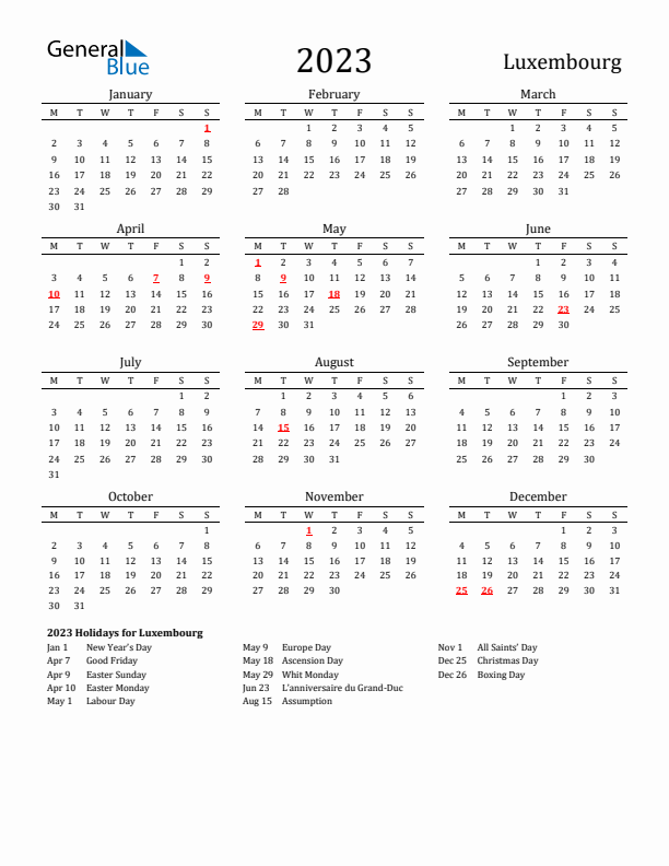 Luxembourg Holidays Calendar for 2023