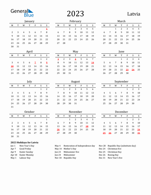 Latvia Holidays Calendar for 2023