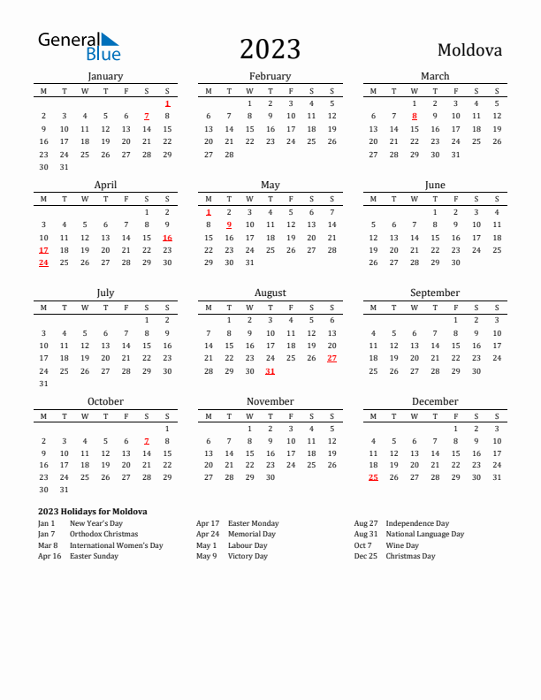 Moldova Holidays Calendar for 2023